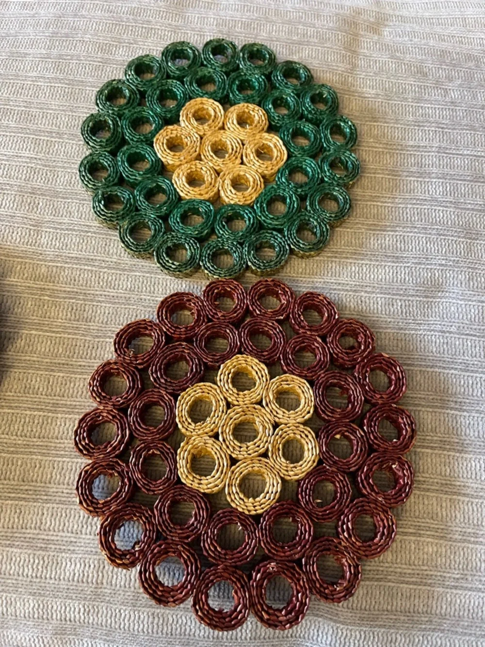 Vintage Handmade Woven Floral Trivets - Green, Burgundy, Gold